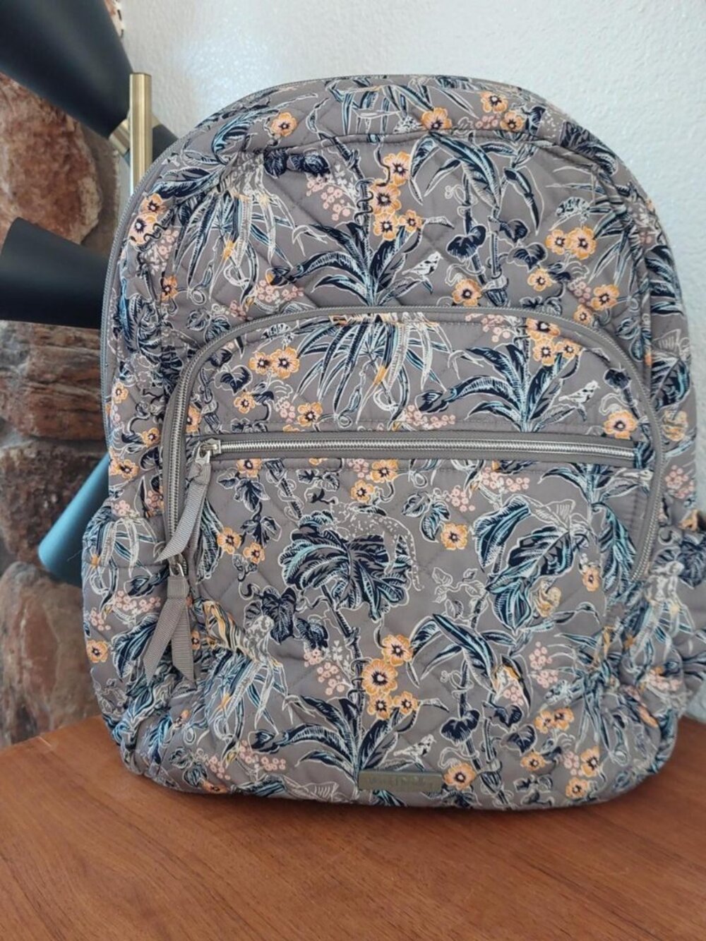 vera bradley rain forest Gray floral backpack with blue and orange flowers and l